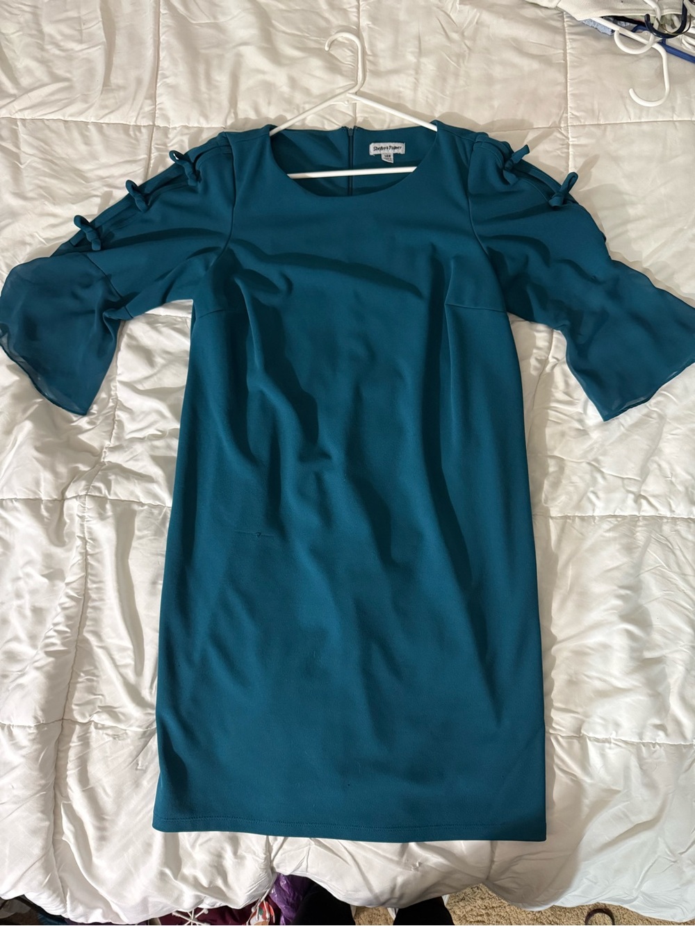 Shelby & Palmer Teal Midi Dress with Shoulder Tie Detail